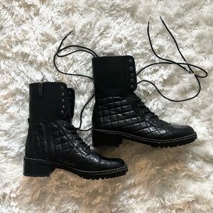 Vince Camuto black leather quilt with chain detail womens boot